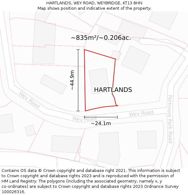 HARTLANDS, WEY ROAD, WEYBRIDGE, KT13 8HN: Plot and title map