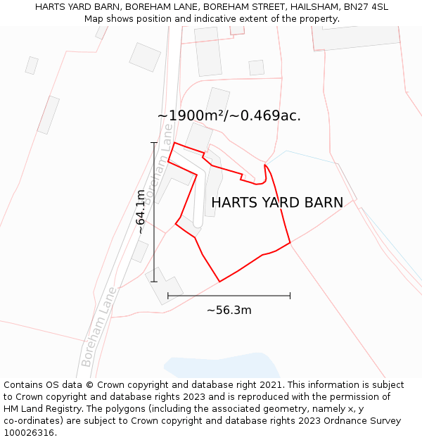 HARTS YARD BARN, BOREHAM LANE, BOREHAM STREET, HAILSHAM, BN27 4SL: Plot and title map