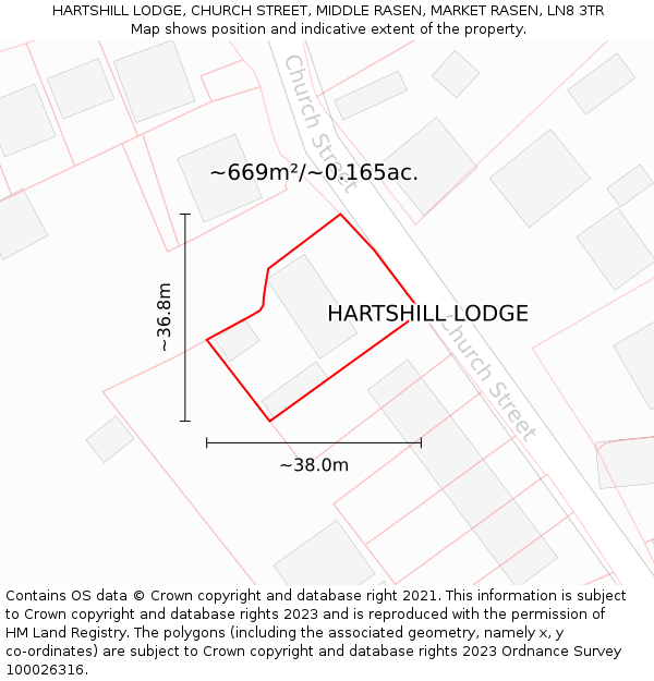 HARTSHILL LODGE, CHURCH STREET, MIDDLE RASEN, MARKET RASEN, LN8 3TR: Plot and title map