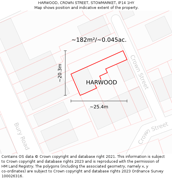 HARWOOD, CROWN STREET, STOWMARKET, IP14 1HY: Plot and title map