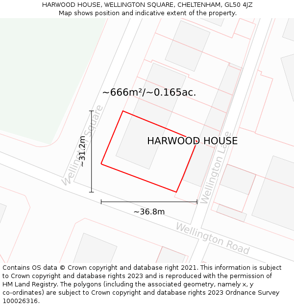 HARWOOD HOUSE, WELLINGTON SQUARE, CHELTENHAM, GL50 4JZ: Plot and title map