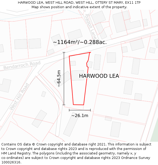 HARWOOD LEA, WEST HILL ROAD, WEST HILL, OTTERY ST MARY, EX11 1TP: Plot and title map