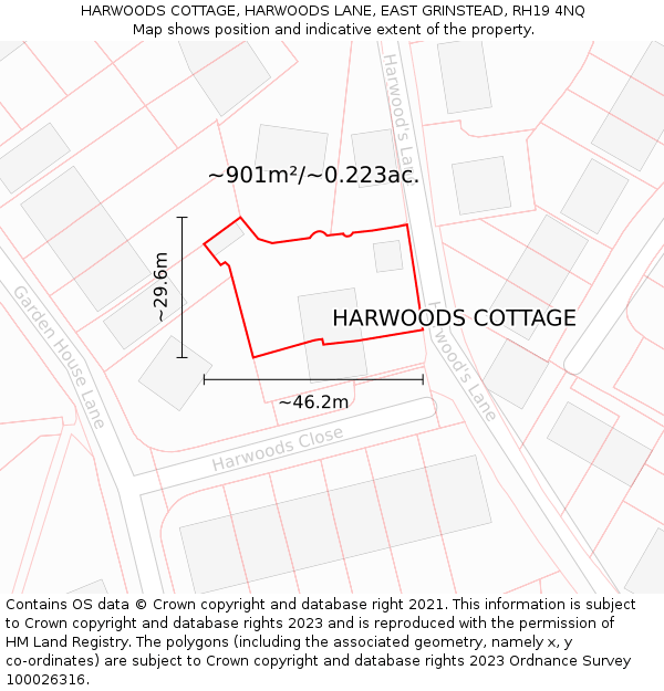 HARWOODS COTTAGE, HARWOODS LANE, EAST GRINSTEAD, RH19 4NQ: Plot and title map
