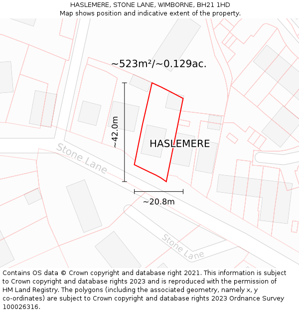 HASLEMERE, STONE LANE, WIMBORNE, BH21 1HD: Plot and title map