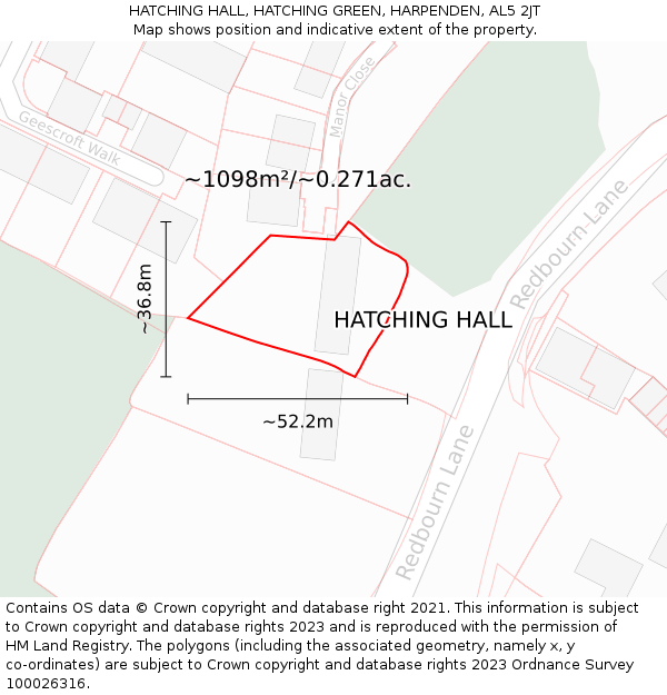 HATCHING HALL, HATCHING GREEN, HARPENDEN, AL5 2JT: Plot and title map