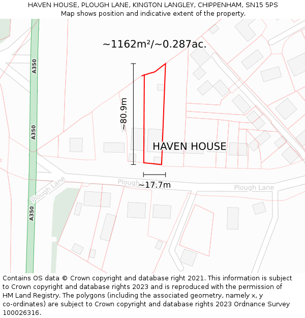 HAVEN HOUSE, PLOUGH LANE, KINGTON LANGLEY, CHIPPENHAM, SN15 5PS: Plot and title map