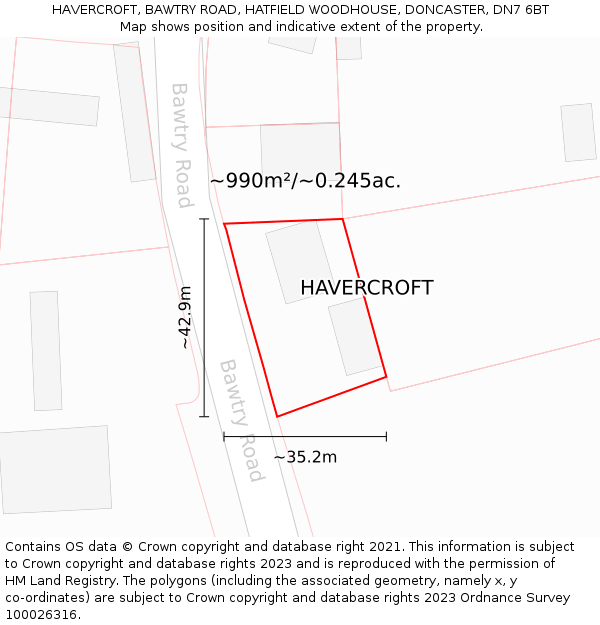 HAVERCROFT, BAWTRY ROAD, HATFIELD WOODHOUSE, DONCASTER, DN7 6BT: Plot and title map