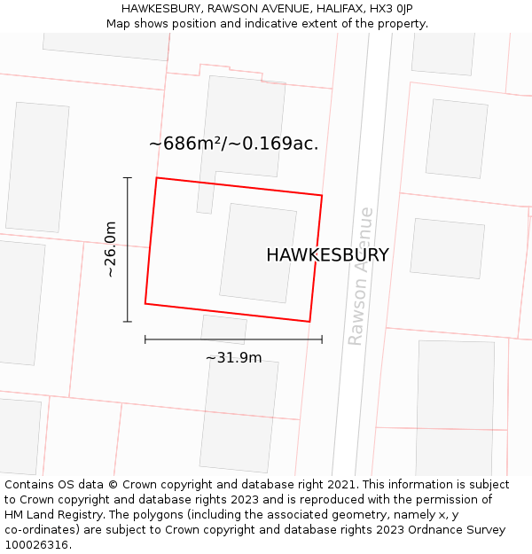 HAWKESBURY, RAWSON AVENUE, HALIFAX, HX3 0JP: Plot and title map