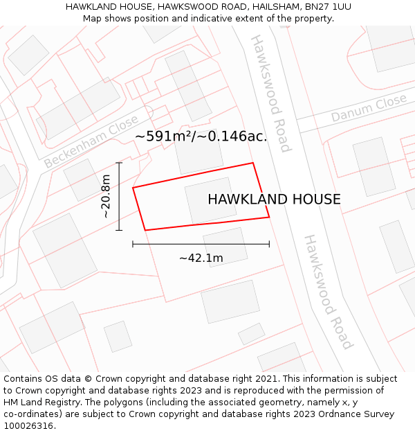 HAWKLAND HOUSE, HAWKSWOOD ROAD, HAILSHAM, BN27 1UU: Plot and title map
