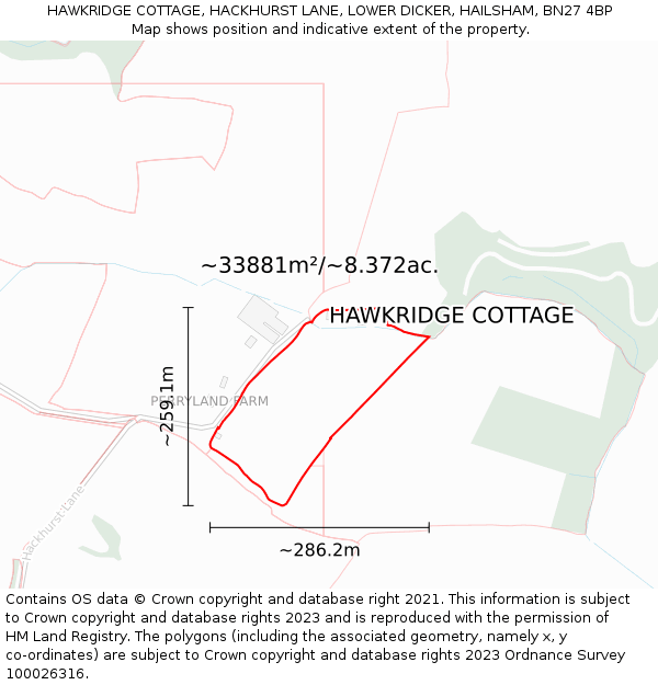 HAWKRIDGE COTTAGE, HACKHURST LANE, LOWER DICKER, HAILSHAM, BN27 4BP: Plot and title map