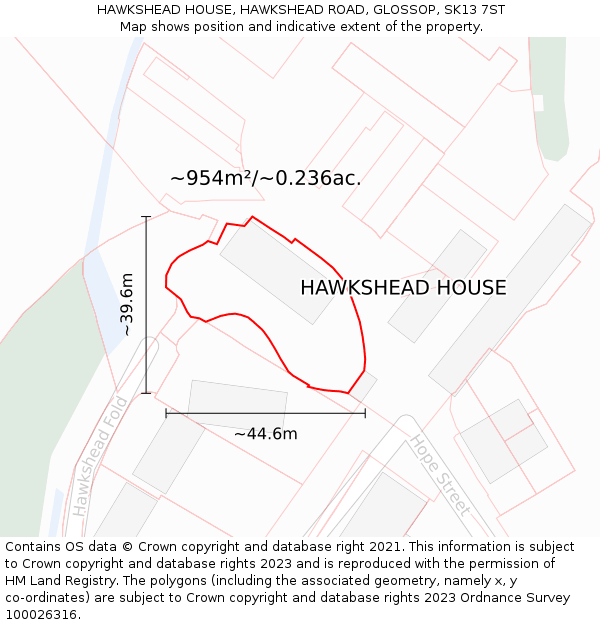 HAWKSHEAD HOUSE, HAWKSHEAD ROAD, GLOSSOP, SK13 7ST: Plot and title map