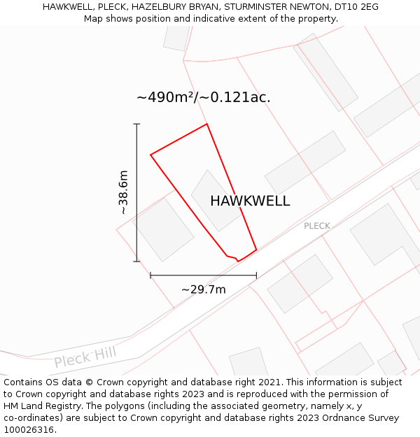 HAWKWELL, PLECK, HAZELBURY BRYAN, STURMINSTER NEWTON, DT10 2EG: Plot and title map