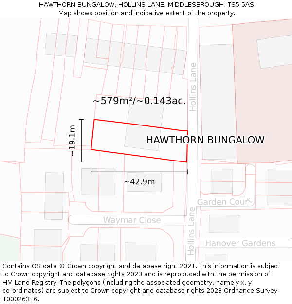 HAWTHORN BUNGALOW, HOLLINS LANE, MIDDLESBROUGH, TS5 5AS: Plot and title map