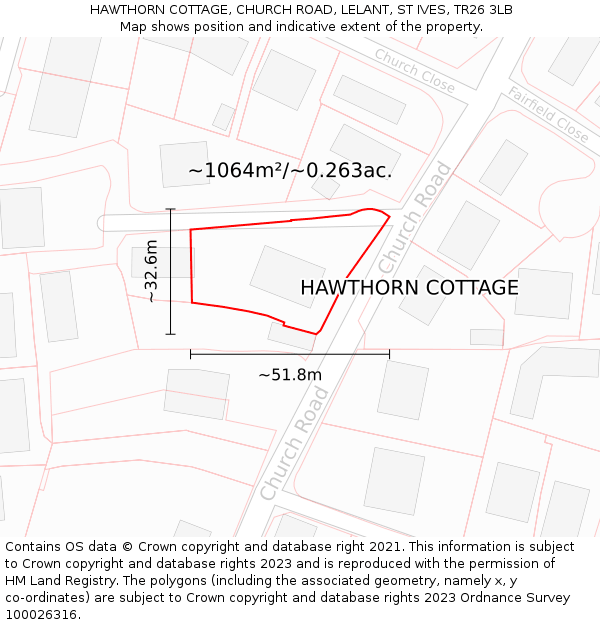 HAWTHORN COTTAGE, CHURCH ROAD, LELANT, ST IVES, TR26 3LB: Plot and title map