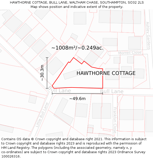 HAWTHORNE COTTAGE, BULL LANE, WALTHAM CHASE, SOUTHAMPTON, SO32 2LS: Plot and title map