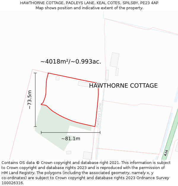 HAWTHORNE COTTAGE, PADLEYS LANE, KEAL COTES, SPILSBY, PE23 4AP: Plot and title map