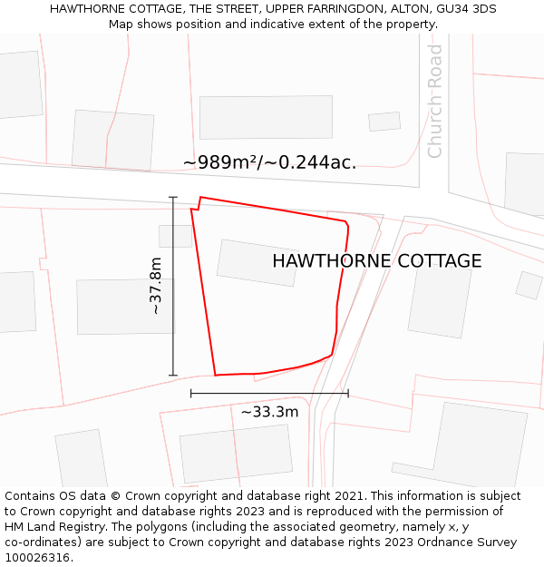 HAWTHORNE COTTAGE, THE STREET, UPPER FARRINGDON, ALTON, GU34 3DS: Plot and title map