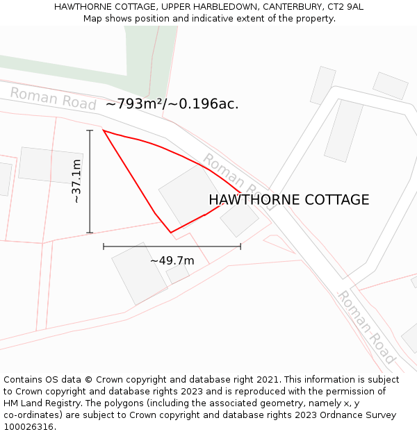 HAWTHORNE COTTAGE, UPPER HARBLEDOWN, CANTERBURY, CT2 9AL: Plot and title map