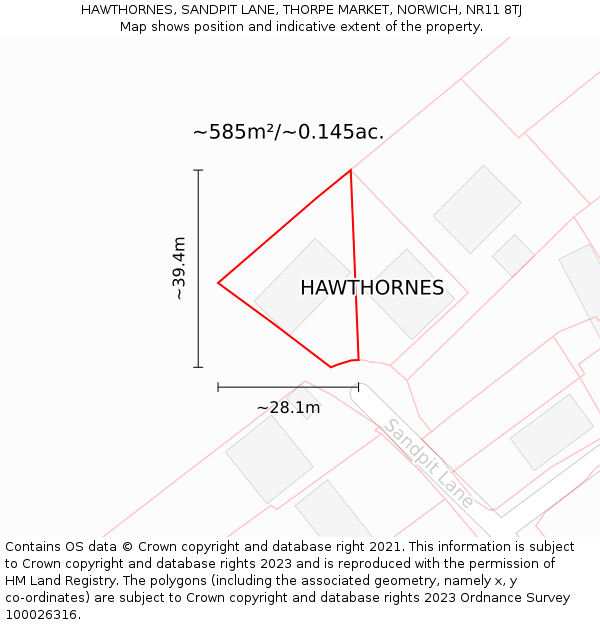 HAWTHORNES, SANDPIT LANE, THORPE MARKET, NORWICH, NR11 8TJ: Plot and title map