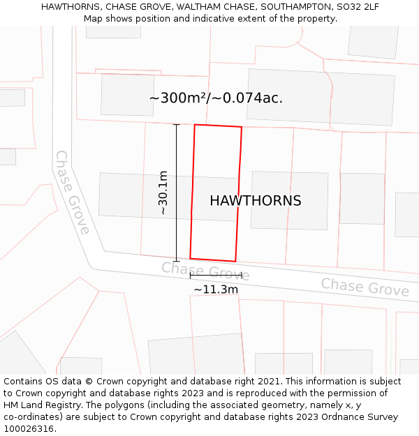 HAWTHORNS, CHASE GROVE, WALTHAM CHASE, SOUTHAMPTON, SO32 2LF: Plot and title map