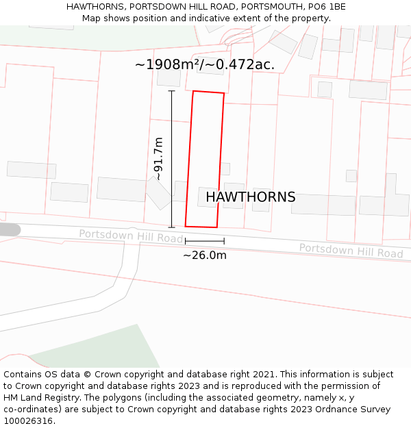 HAWTHORNS, PORTSDOWN HILL ROAD, PORTSMOUTH, PO6 1BE: Plot and title map
