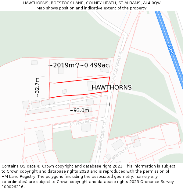 HAWTHORNS, ROESTOCK LANE, COLNEY HEATH, ST ALBANS, AL4 0QW: Plot and title map