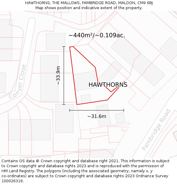 HAWTHORNS, THE MALLOWS, FAMBRIDGE ROAD, MALDON, CM9 6BJ: Plot and title map