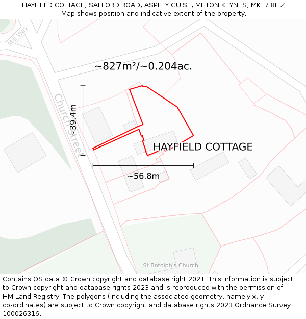 HAYFIELD COTTAGE, SALFORD ROAD, ASPLEY GUISE, MILTON KEYNES, MK17 8HZ: Plot and title map