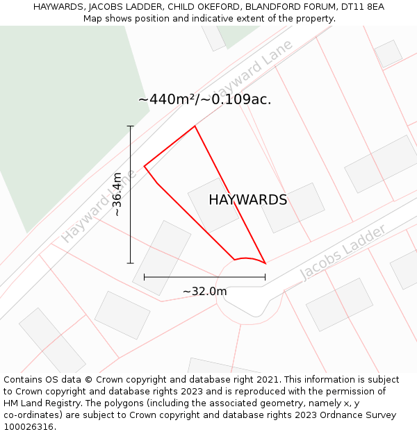 HAYWARDS, JACOBS LADDER, CHILD OKEFORD, BLANDFORD FORUM, DT11 8EA: Plot and title map