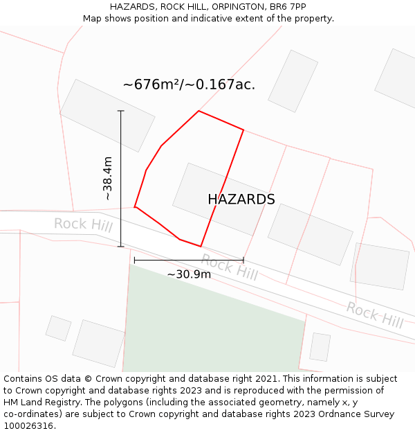 HAZARDS, ROCK HILL, ORPINGTON, BR6 7PP: Plot and title map