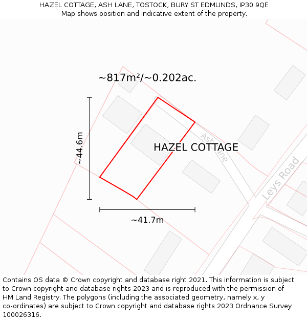 HAZEL COTTAGE, ASH LANE, TOSTOCK, BURY ST EDMUNDS, IP30 9QE: Plot and title map