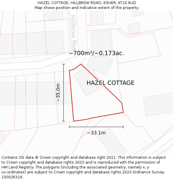 HAZEL COTTAGE, HILLBROW ROAD, ESHER, KT10 9UD: Plot and title map