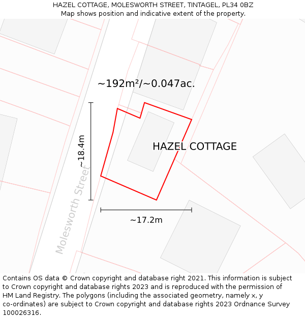 HAZEL COTTAGE, MOLESWORTH STREET, TINTAGEL, PL34 0BZ: Plot and title map