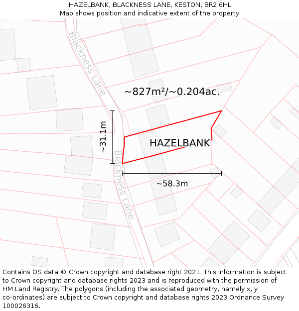 HAZELBANK, BLACKNESS LANE, KESTON, BR2 6HL: Plot and title map