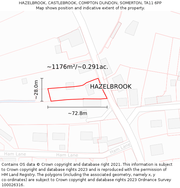 HAZELBROOK, CASTLEBROOK, COMPTON DUNDON, SOMERTON, TA11 6PP: Plot and title map