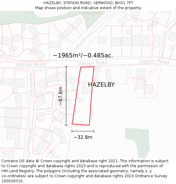 HAZELBY, STATION ROAD, VERWOOD, BH31 7PT: Plot and title map