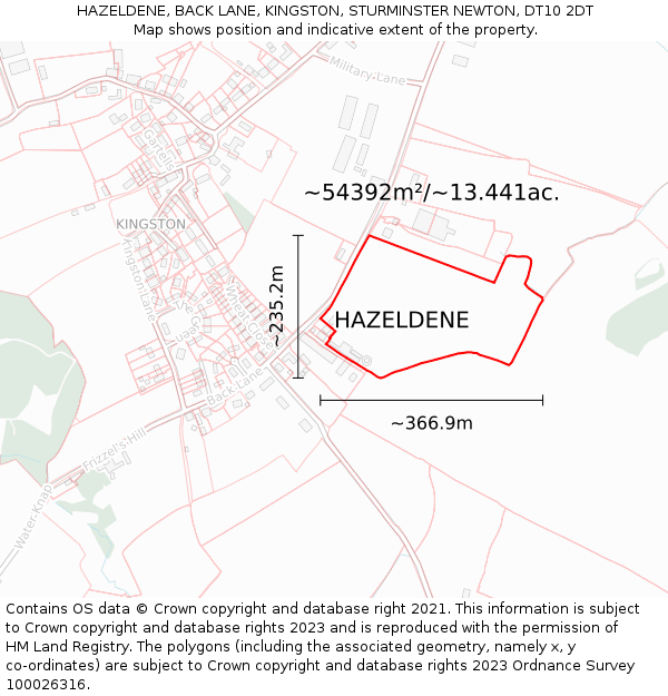 HAZELDENE, BACK LANE, KINGSTON, STURMINSTER NEWTON, DT10 2DT: Plot and title map