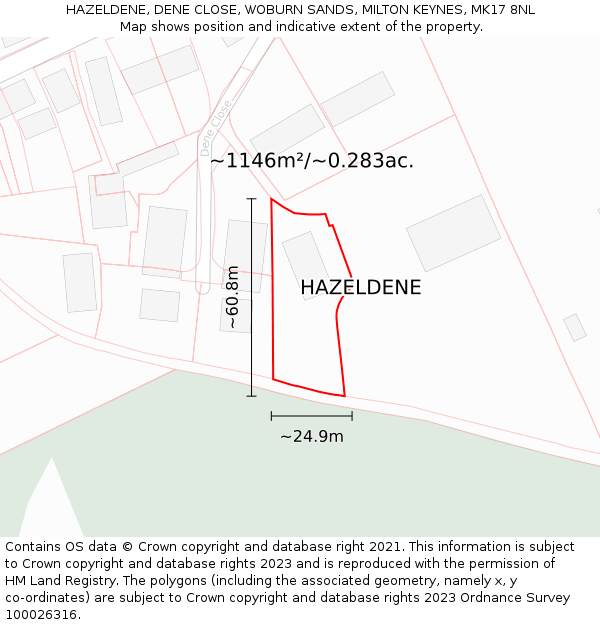 HAZELDENE, DENE CLOSE, WOBURN SANDS, MILTON KEYNES, MK17 8NL: Plot and title map