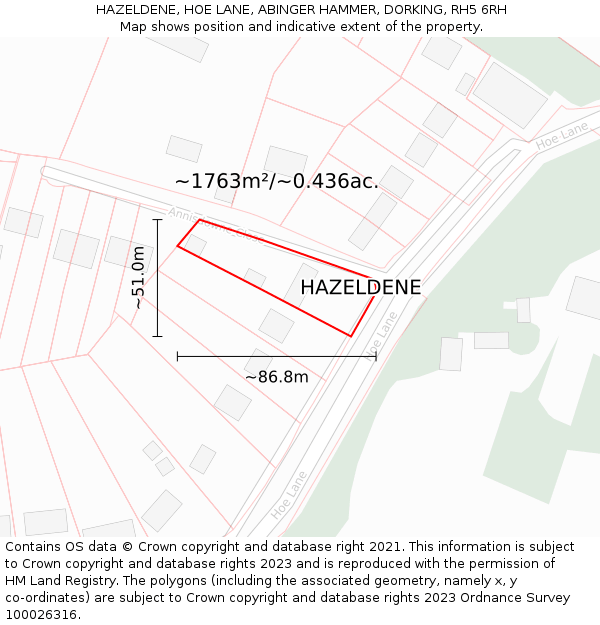 HAZELDENE, HOE LANE, ABINGER HAMMER, DORKING, RH5 6RH: Plot and title map