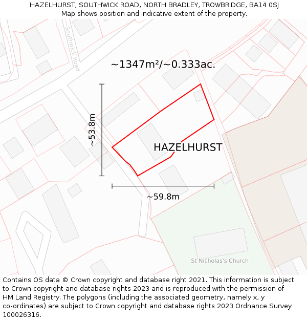 HAZELHURST, SOUTHWICK ROAD, NORTH BRADLEY, TROWBRIDGE, BA14 0SJ: Plot and title map