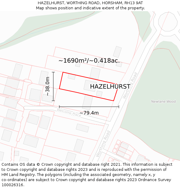 HAZELHURST, WORTHING ROAD, HORSHAM, RH13 9AT: Plot and title map