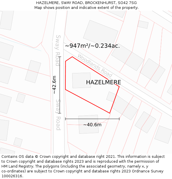 HAZELMERE, SWAY ROAD, BROCKENHURST, SO42 7SG: Plot and title map