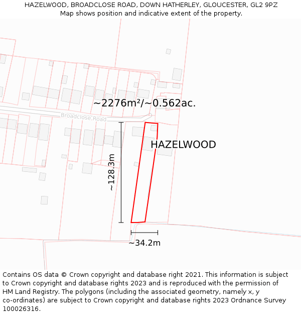 HAZELWOOD, BROADCLOSE ROAD, DOWN HATHERLEY, GLOUCESTER, GL2 9PZ: Plot and title map