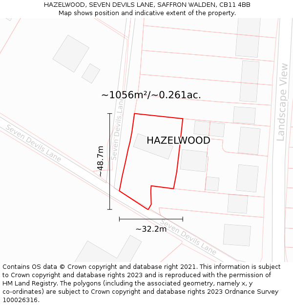 HAZELWOOD, SEVEN DEVILS LANE, SAFFRON WALDEN, CB11 4BB: Plot and title map