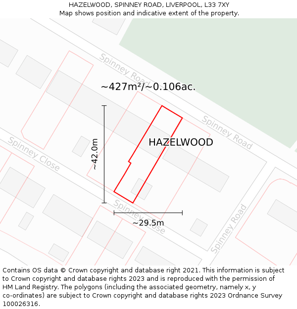 HAZELWOOD, SPINNEY ROAD, LIVERPOOL, L33 7XY: Plot and title map