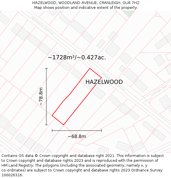 HAZELWOOD, WOODLAND AVENUE, CRANLEIGH, GU6 7HZ: Plot and title map