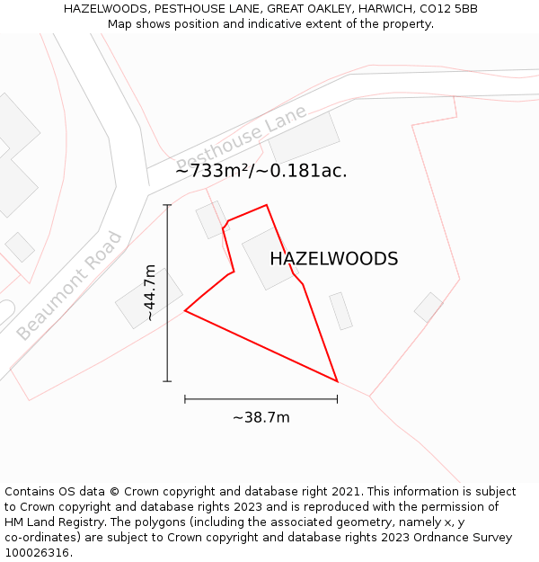 HAZELWOODS, PESTHOUSE LANE, GREAT OAKLEY, HARWICH, CO12 5BB: Plot and title map