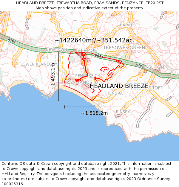 HEADLAND BREEZE, TREWARTHA ROAD, PRAA SANDS, PENZANCE, TR20 9ST: Plot and title map