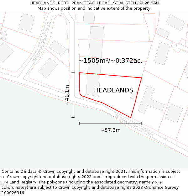 HEADLANDS, PORTHPEAN BEACH ROAD, ST AUSTELL, PL26 6AU: Plot and title map