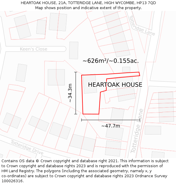 HEARTOAK HOUSE, 21A, TOTTERIDGE LANE, HIGH WYCOMBE, HP13 7QD: Plot and title map